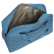 Load image into Gallery viewer, Angled top view of the bag with the main compartment opened. The lining on the inside is a light brown color. 
