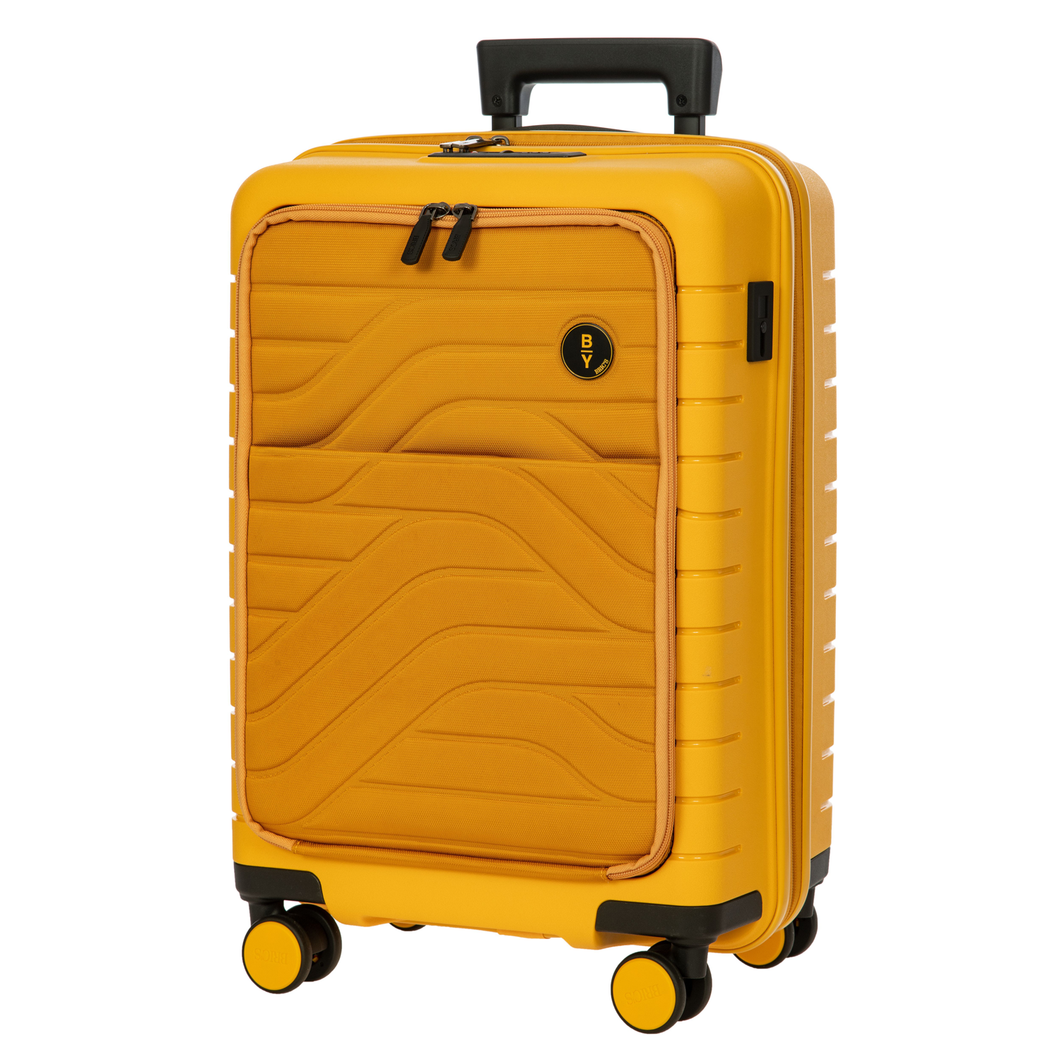 Angled front view of the carry-on suitcase on a white background. The suitcase is mango-yellow with black accents 