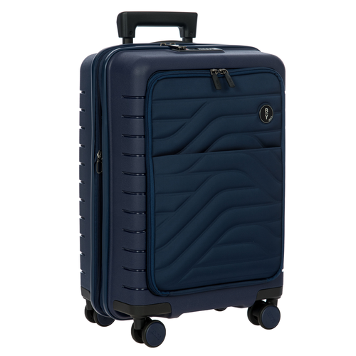 Angled front view of the suitcase on a white background. it is is navy blue with black accents. 