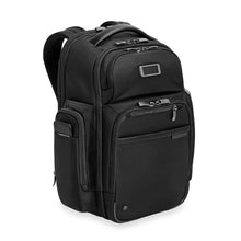 Load image into Gallery viewer, Angled front panel view of the black backpack. 
