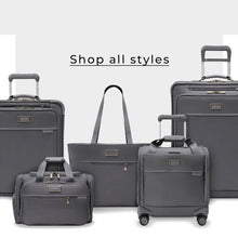 Load image into Gallery viewer, Briggs &amp; Riley Baseline in Limited Steel Gray.  Group shot of collection shown in three wheeled sizes and two carry-on styles.
