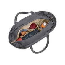 Load image into Gallery viewer, Top View of the steel gray tote bag with the main compartment unzipped. The organizational pockets are filled with contents. 
