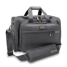 Load image into Gallery viewer, Front angled view of the steel gray under-seat duffle. It features multiple organizational pockets around it.
