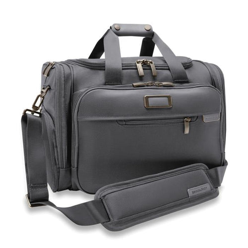 Front angled view of the steel gray under-seat duffle. It features multiple organizational pockets around it.