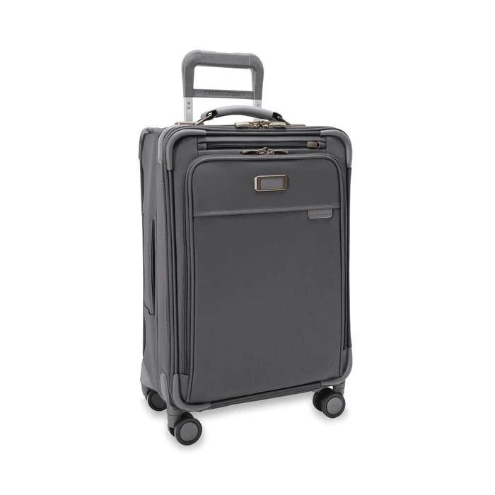 Angled front view of the suitcase. 
