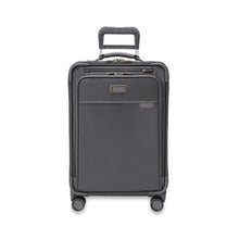 Load image into Gallery viewer, Front view of the suitcase with the telescopic handle partly pulled up.
