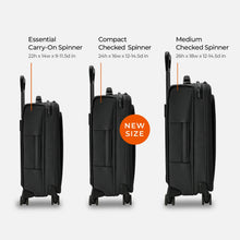 Load image into Gallery viewer, Three black suitcases labeled 'Essential Carry-On Spinner', 'Compact Checked Spinner', and 'Medium Checked Spinner' with dimensions and a 'NEW SIZE' label.
