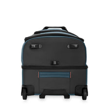 Load image into Gallery viewer, Bottom panel view of the ocean blue wheeled duffle, featuring two wheels and three legs to hold it up.
