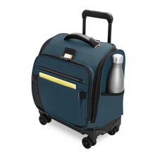 Load image into Gallery viewer, Angled front panel view of the ocean blue cabin bag with a water bottle tucked into the side pocket. 
