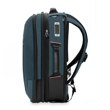 Load image into Gallery viewer, Side panel view of the ocean blue backpack duffle bag. It features a grab handle. 
