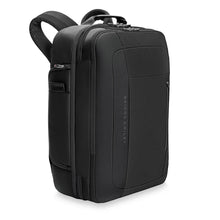 Load image into Gallery viewer, Angled front view of a black backpack on a white background. 
