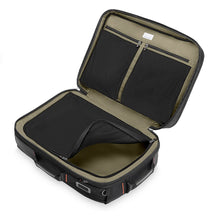Load image into Gallery viewer, Interior view of the black briefcase with zipper-closing panel dividers and pockets. 
