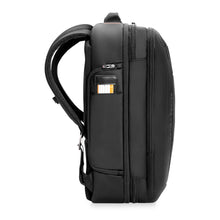 Load image into Gallery viewer, Side panel view of the black backpack with the shoulder straps extended.
