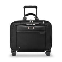 Load image into Gallery viewer, Front view of the spinner briefcase with the telescopic handle partly pulled up.
