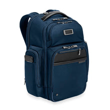 Load image into Gallery viewer, Angled front panel view of the navy blue backpack. 
