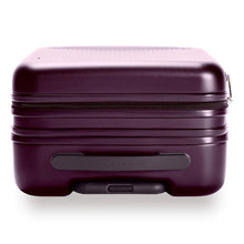 Load image into Gallery viewer, Top panel view of the plum-colored hard shell suitcase. A handle is available for easy grabbing

