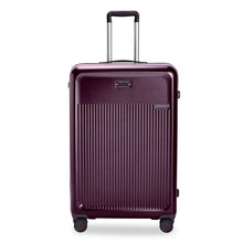 Load image into Gallery viewer, Front view of the plum suitcase with the telescopic handle pulled up. Set on a white background.
