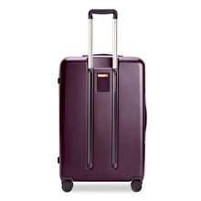Load image into Gallery viewer, Back view of the suitcase with the telescopic handle pulled partly up. Set on a white background.
