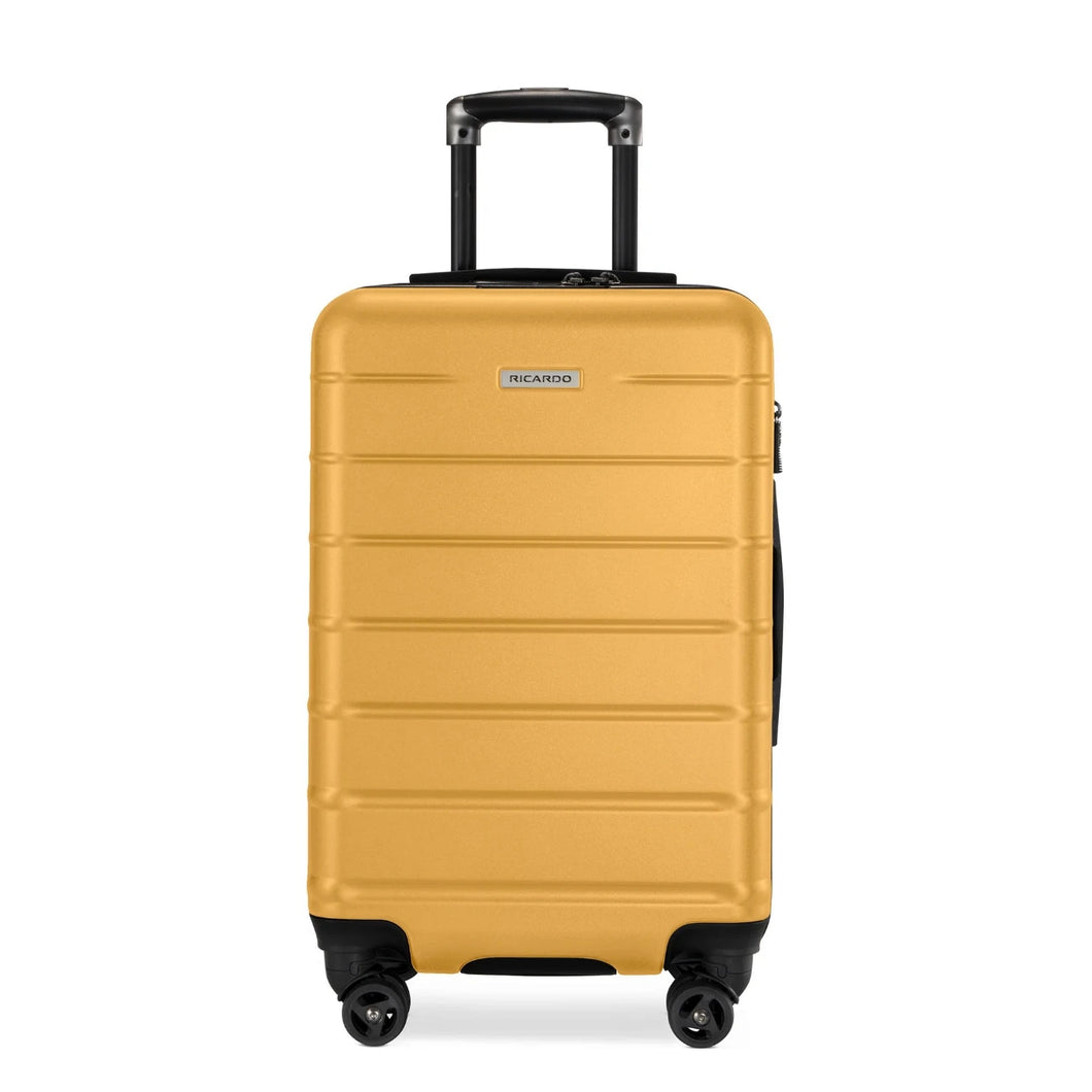 Front panel view of the mango yellow hard shell suitcase. 