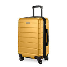 Load image into Gallery viewer, Angled front panel view of the mango yellow suitcase. 
