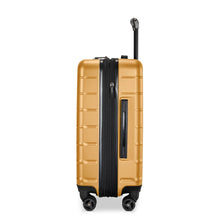 Load image into Gallery viewer, Side panel view of the mango yellow suitcase. It features a grab handle, and the expandable option unzipped. 
