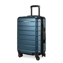 Load image into Gallery viewer, Angled front panel view of the navy blue hard shell suitcase. 
