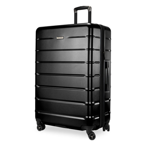 Angled front view of the black hard shell suitcase. 