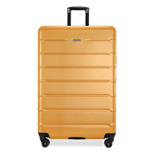 Load image into Gallery viewer, Front panel view of the yellow suitcase with black accents. 
