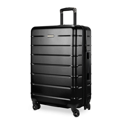 Angled front panel view of the black hard shell suitcase. 