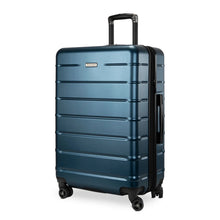 Load image into Gallery viewer, Angled front view of the navy blue hard shell suitcase. 
