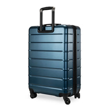 Load image into Gallery viewer, Angled back panel view of the navy blue hard shell suitcase. 
