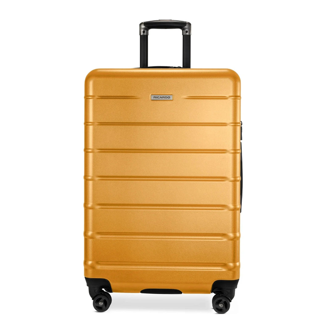 Front panel view of the yellow hard shell suitcase with black accents. 