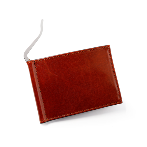 Sierra Italian Leather Money Clip Wallet - Cognac - Front with Money Clip