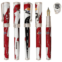 Load image into Gallery viewer, Full view of the capped and uncapped fountain pen in red and white.
