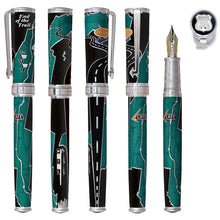 Load image into Gallery viewer, Full view of the capped and uncapped fountain pen in teal and mossy black.

