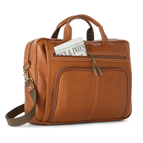DayTrekr Colombian Slim Leather Brief - Tan

Front Angled Image showing top zip pocket.  With durable webbed nylon shoulder strap with matching leather shoulder pad.

Dimensions:  16.5 x 12.5 x 3