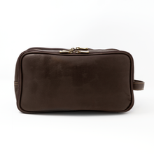 Load image into Gallery viewer, Front view of the brown leather shaving kit bag. 
