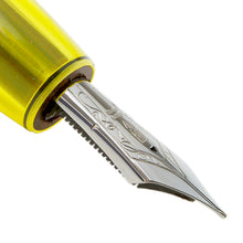 Load image into Gallery viewer, Side close up to the fountain pen nib. It features engraved decorations, de Delta logo, and hallmark.
