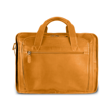 Load image into Gallery viewer, Front view of the tan leather briefcase.
