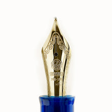 Load image into Gallery viewer, Front close up to the fountain pen nib with engraved decorations, Eversharp logo, and 14k-585 M 
