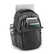 Load image into Gallery viewer, The backpack with the compartments opened. The pockets are holding stationery electronics, and a water bottle. 

