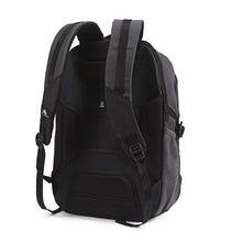 Load image into Gallery viewer, Angled back panel view of the black backpack with the shoulder straps extended.
