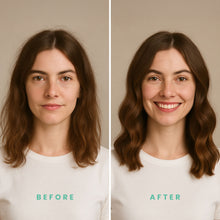 Load image into Gallery viewer, Before and after comparison of a woman with curled hair against a beige background

