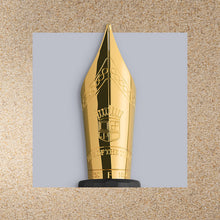 Load image into Gallery viewer, Close up to the fountain pen nib with engraved decorations and Faber Castell Logo.

