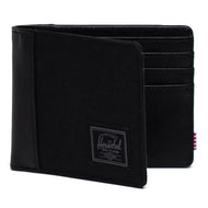 Angled front view of the black black tonal wallet, partly opened.