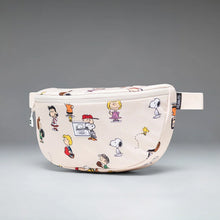 Load image into Gallery viewer, Angled front view of the Snoopy pattern hip pack on a gray and white gradient background.
