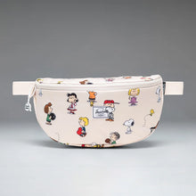 Load image into Gallery viewer, Front panel view of the Snoopy pattern Hip pack on a background with a gray gradient. 
