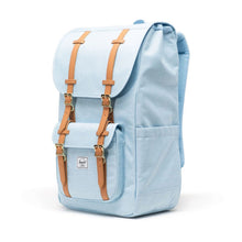 Load image into Gallery viewer, Angled front view of the bluebell crosshatch backpack with tan vegan leather decorative straps.
