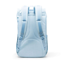 Load image into Gallery viewer, Back panel view of the bluebell crosshatch backpack. 
