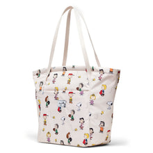 Load image into Gallery viewer, Angled front view of the Joana Tote Bag with Snoopy and friends pattern.

